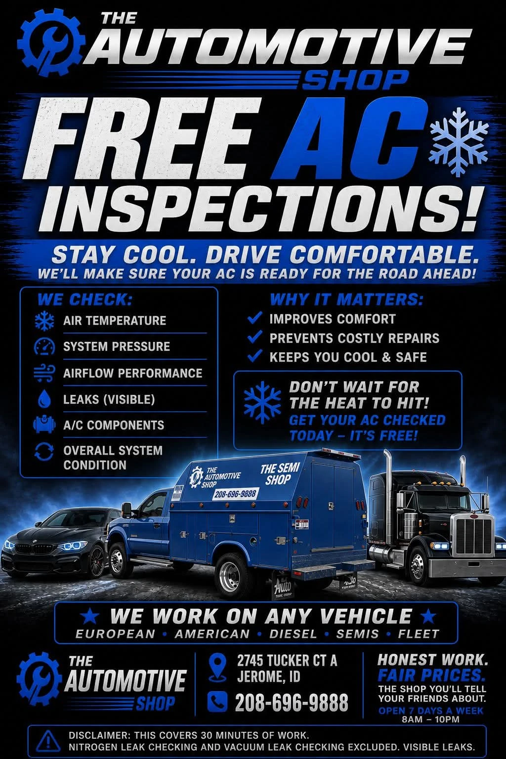 The Automotive Shop free AC inspection flyer — air temperature, system pressure, airflow, visible leaks, A/C components, and overall condition checked.