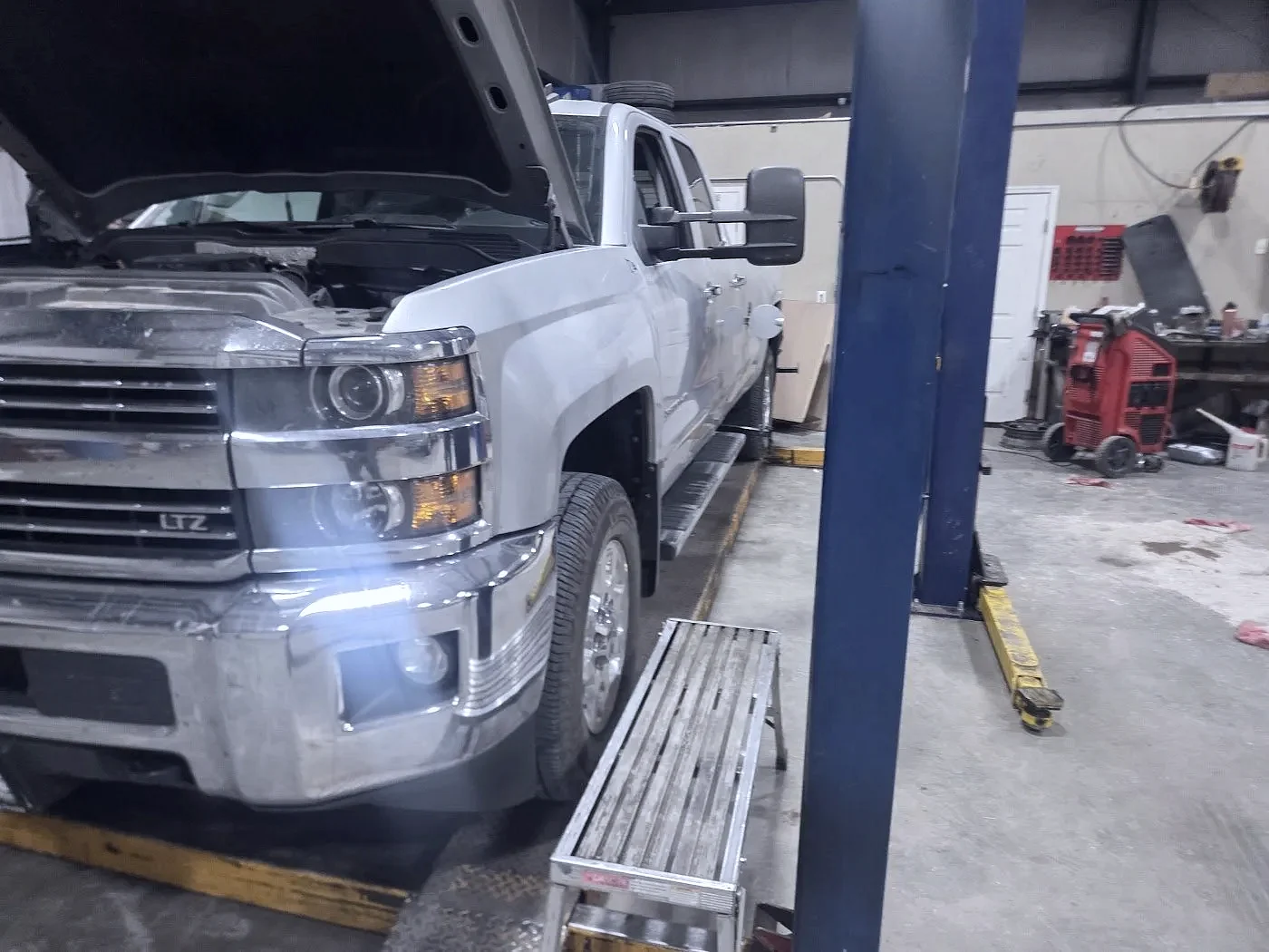 A Chevy Silverado LTZ diesel on the lift in Jerome, Idaho